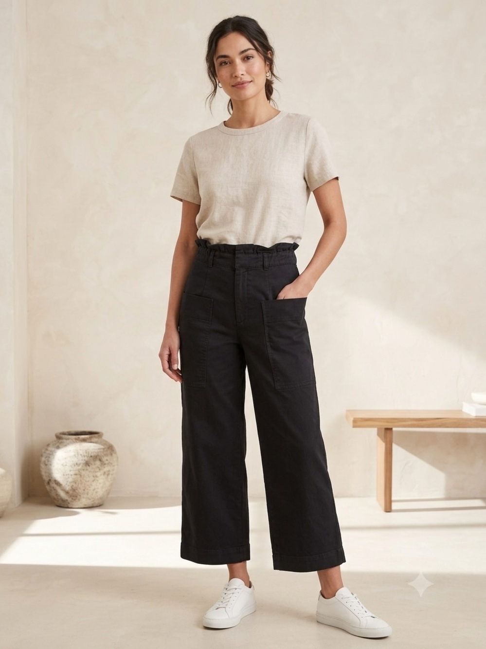Zara Black Paperbag Utility Pants L High Rise Wide Leg Deep Patch Pocket Cuffed